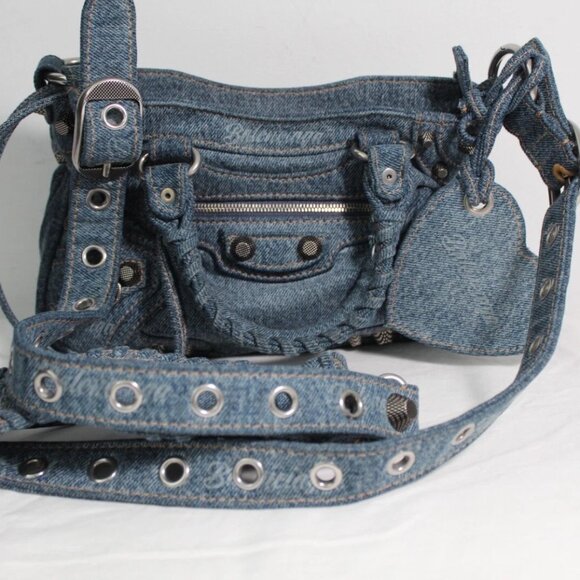 Balenciaga  Bag Girly Allover Denim Shoulder Bag Crossbody Top Handle Rivets - Picture 4 of 14